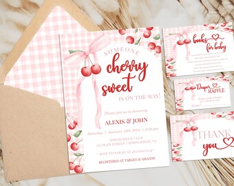 EDITIERBARE Rosa Gingham Kirscheinladung für Babyparty Invite Bundle, Kirsche auf die Oberseite Babyparty Beere Süßer 1