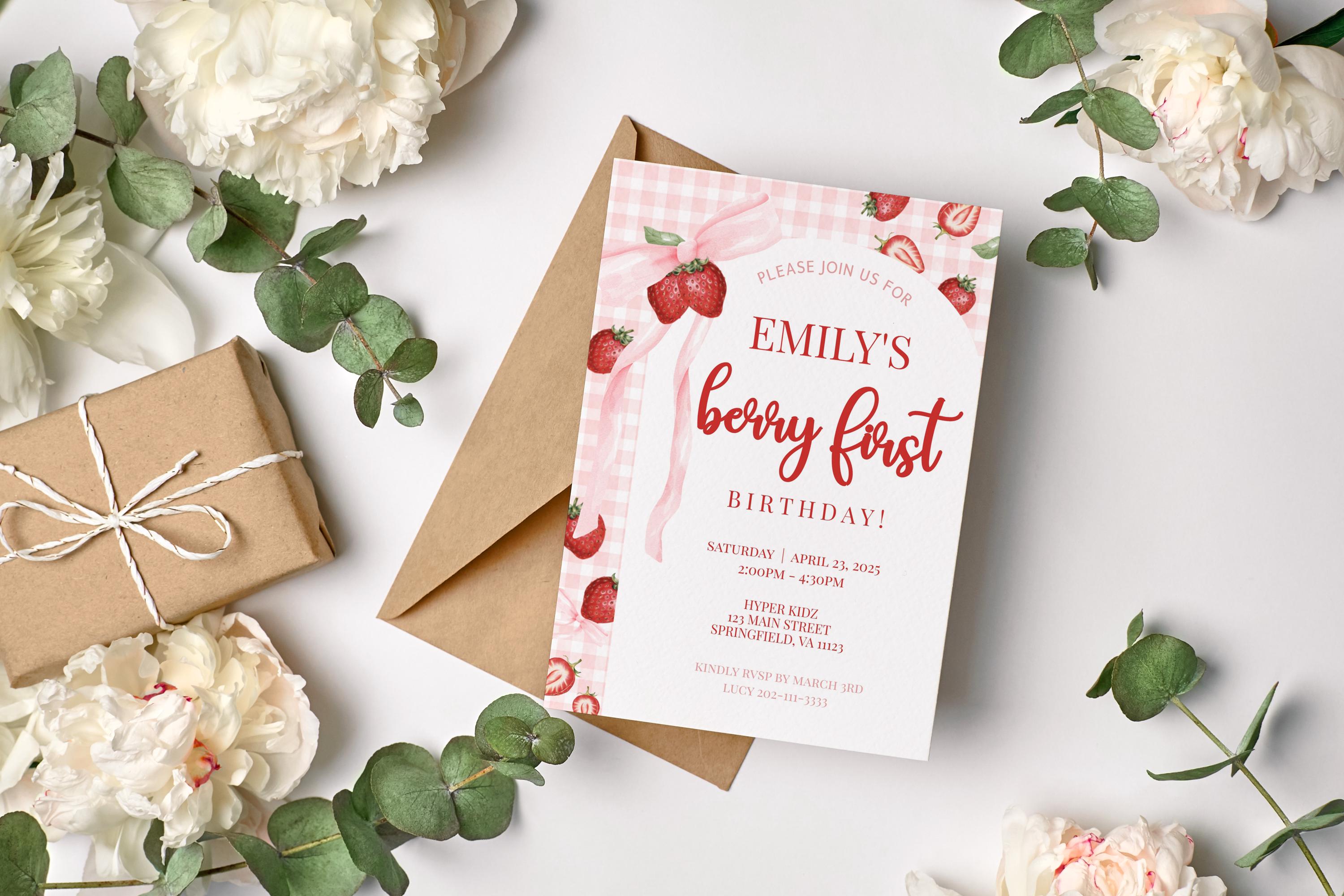 EDITABLE Berry First Birthday Invitation Pink Bow Strawberry Invitation ...