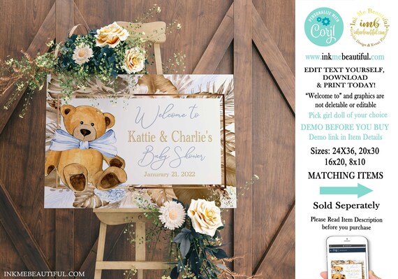 EDITABLE Boho Teddy Bear Welcome Sign | Vintage | Theme | Nuetral Shades and Light Blue | Can Bearly Wait to Meet You | BN03 Il_570xn