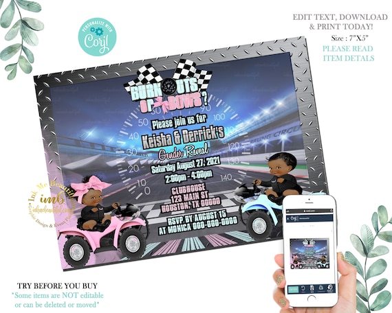 DIGITAL FILE 4 Wheeler| Burnouts or Bows Gender Reveal Invite | Invitation | Party Decor | Burn outs or Bows | Motorcycle | Il_570xn