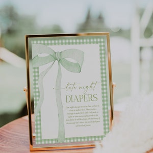 Digital File Green Gingham Late Night Diapers Sign Green Watercolor Ribbon Minimalist Baby Shower Sign Baby Sprinkle Minimal GG1