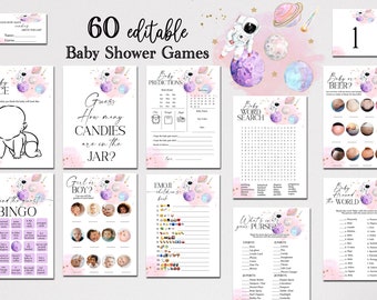 Pacchetto di giochi per baby shower per ragazze modificabili, pacchetto di giochi per baby shower nello spazio, modello di gioco con pianeti, stelle e luna rosa e viola GS13