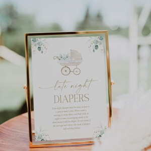 Digital File Baby Carriage Late Night Diapers Sign Modern Vintage Greenery Baby Shower Sign Baby Sprinkle Minimalist Baby Shower Signs CG8
