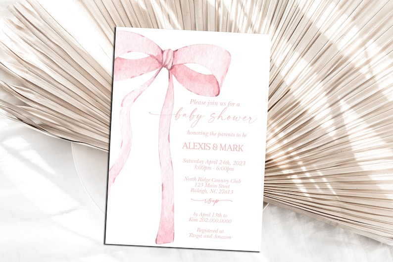 EDITABLE Pink Bow Invitation for Baby Shower, Minimalist Baby Shower Pink Watercolor Ribbon Blush Pink 1st Birthday Digital Template PB1 image 3