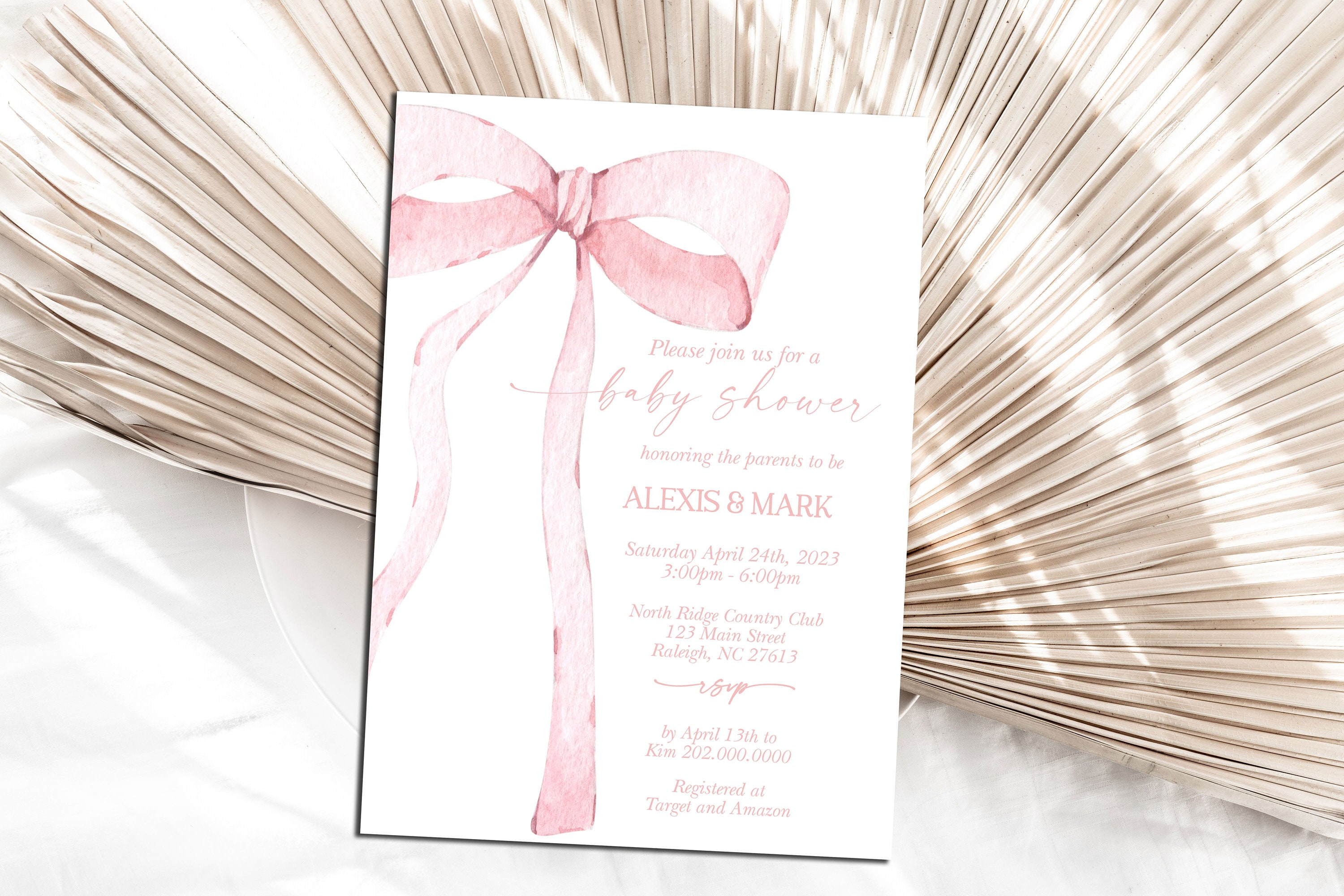 EDITABLE Pink Bow Invitation for Baby Shower, Minimalist Baby Shower ...
