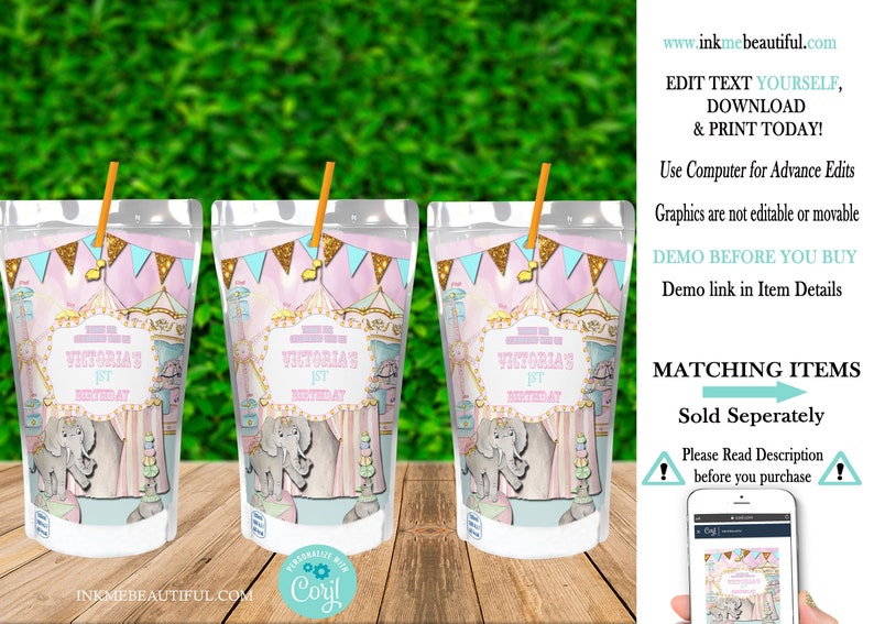 K&ouml;nnte beinhalten: Zwei durchsichtige Plastikbeutel mit einem rosafarbenen und blauen Zirkus-Design. Die Beutel haben Strohhalme und sind mit "Victoria's 1st Birthday" beschriftet.
