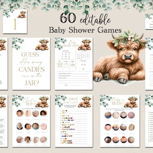 MODIFICABILE Pacchetto giochi Boho Highland Cow Baby Shower Pacchetto giochi Holy Cow, Pacchetto giochi Cow Baby Shower Verde neutro Farm Baby Shower HC2