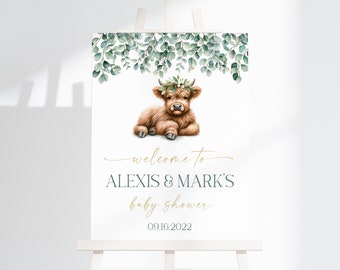 Editable Highland Cow Baby Shower Welcome Sign, Greenery (Digital Download)