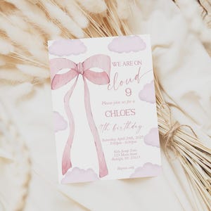 May include: A pink and white invitation card with a pink bow and clouds. The text reads "We are on cloud 9. Please join us for Chloe's 9th birthday. Saturday, April 29th, 2023, 2:00pm - 4:00pm.  Kids Play House, 212 Stone River, Raleigh, NC 27614.  RSVP only."