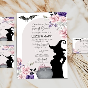 EDITABLE  A Baby is Brewing Baby Shower Invite Bundle Pink and Purple Gothic Baby Shower Witch Halloween Shower A Little Boo is Due PF12