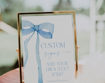 EDITABLE Blue Bow Cutsom Signs 8x10 Blue Watercolor Ribbon Minimalist Baby Shower BB1