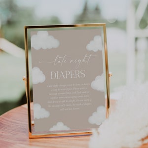 Digital File Cloud Nine Late Night Diapers Sign Modern Beige Cloud Baby Shower Sign Baby Sprinkle Minimalist Baby Shower Signs C6