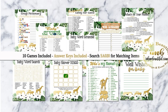 DIGITAL FILE Baby Shower Games 10 pack, Baby Shower Games , Safari Theme, Wild One, Gold Safari Birthday Party Decor, Safari SA-20 Il_570xn