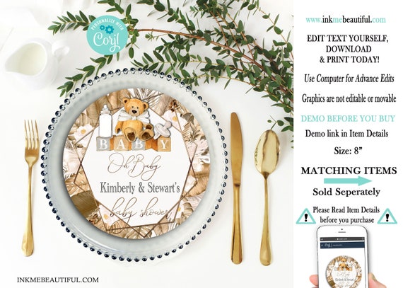 Teddy Bear Baby Shower Plate or Charger Insert | Vintage | Theme | Nuetral Shades & Soft Pink | Can Bearly Wait to Meet You | Boho Theme Il_570xn