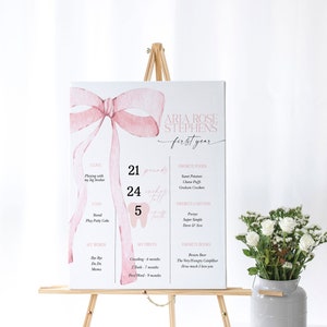 EDITABLE Pink Bow Milestone Sign, Minimalist Baby Shower Pink Watercolor Ribbon Blush Pink 1st Birthday Digital Template PB1