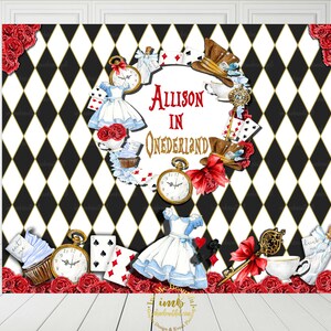 PRINTABLE Wonderland Candy Table Backdrop | 1st Birthday | Onderland | Birthday Party | Baby Shower | Step and Repeat | Red and Black