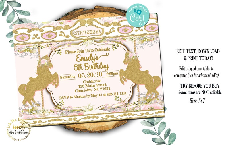 May include: A pink and gold printable invitation for a 5th birthday party. The invitation features a carousel horse with a floral crown and the text "Please Join Us to Celebrate Emsely's 5th Birthday".