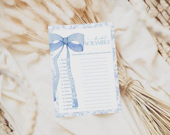 Bridal Word Scramble Game Bridal Shower Game Blue Bow Bridal Shower Games Blue Chinoiserie Instant Download