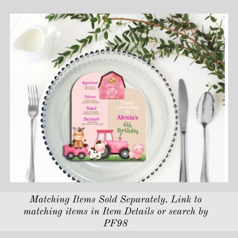 May include: Pink and green farm-themed party favour with a barn, tractor, and animals. The favour says "Thanks for coming to Alexia's 6th Birthday".