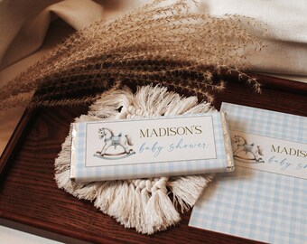 BEWERKBARE vintage hobbelpaard candybar wrapper voor babyshower, minimalistische babyshower blauwe pastel 1e verjaardag digitale sjabloon RH4