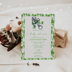 Silver Rattle Invitation EDITABLE Green Chinoiserie Baby Shower Invitation Grandmillenial Baby ...