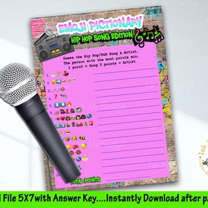 DIGITAL FILE  Emoji Pictionary Hip Hop Songs , 5x7, Hip Hop, Baby Shower Games, Throwback 80s 90s House Party, 80s baby, 90s baby, H001