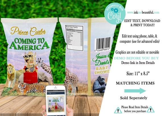 EDITABLE Prince Chip Bag |Royal Baby Shower| Corjl Digital Download| Safari Baby| Jungle Baby Shower| COA-01 COA-01 Il_570xn