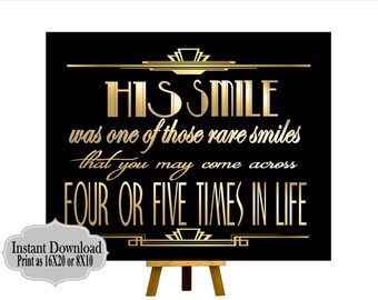 PRINTABLE His Smile ,Gatsby party decoration, Roaring 20s Art deco,Wedding Sign, Wedding Decor, Gatsby Quote, Gatsby Collection