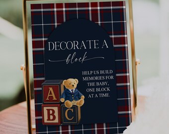 Teddy Bear Baby Shower Sign | Navy Plaid Decorate a Block Activity (Instant Download)