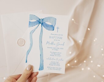 EDITABLE Blue Bow Baptism Invitation, Holy Communion Christening Invite Blue Watercolor Ribbon Baby Blue Baptism Digital Template PB1