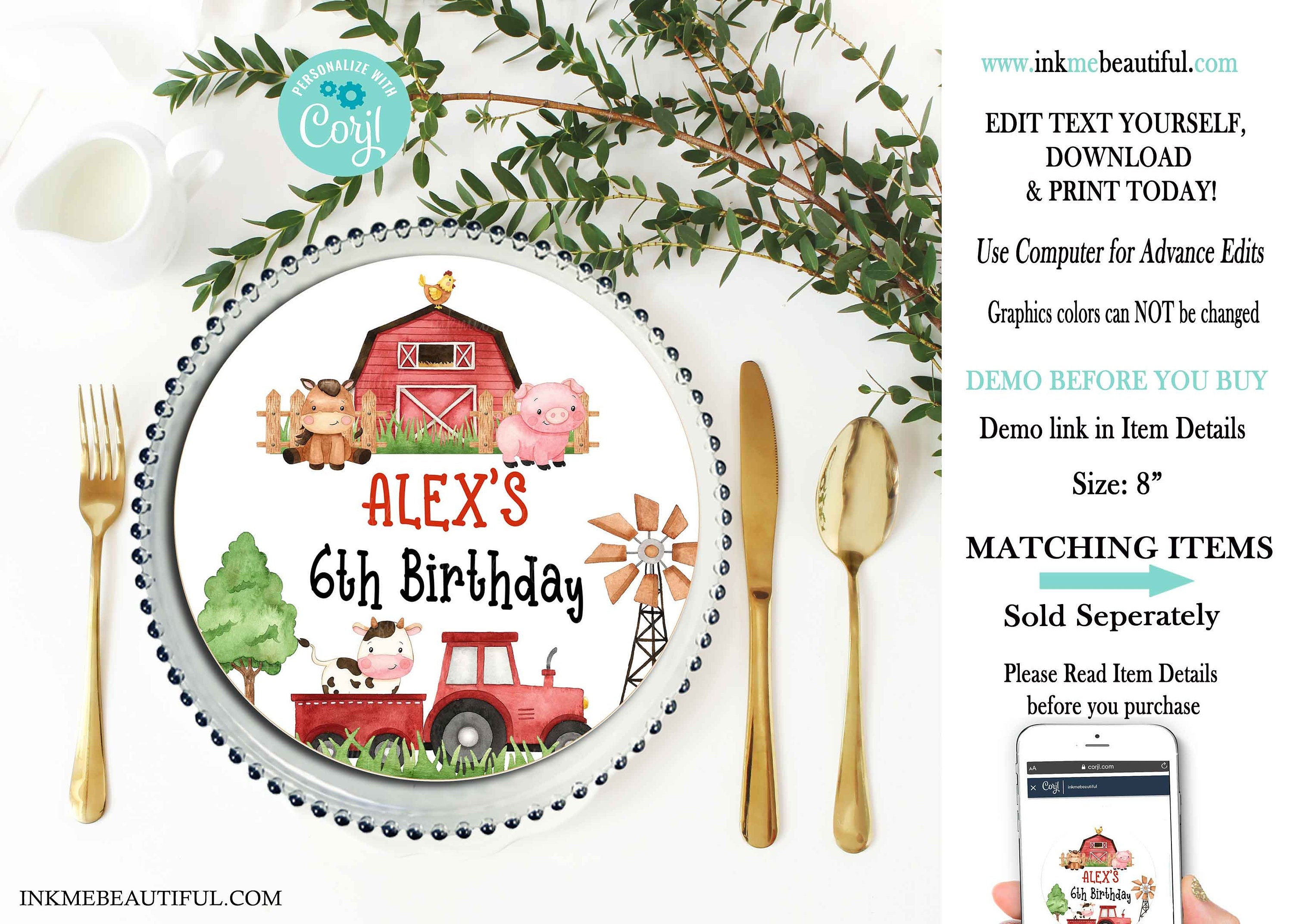 EDITABLE Red Farm Charger Plate Insert  | Farm Aimals Boy | Farm Animal Party | Theme | 1st Birthday | Template