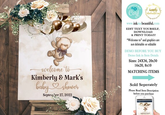 EDITABLE Teddy Bear Baby Shower Welcome Sign | Teddy Bear Theme | Nuetral Shades | We Can Bearly Wait | Bear Baby Shower | BB04 Il_570xn