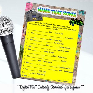DIGITAL FILE  Name that Baby Song , 5x7, Hip Hop, Baby Shower Games, Throwback 80s 90s House Party, 80s baby, 90s baby, H001