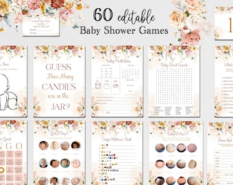 EDITIERBARE Wildblumen Babyparty Spiele Bundle Baby in Blüte Babyparty Zeichen Floral Game Pack Digitale Vorlage Aquarell Mädchen Baby W23