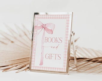 DIGITAL File Pink Gingham Books and Gifts Sign Pink Bow Watercolor Ribbon Minimalist Baby Shower Sign Baby Sprinkle Minimal PB4