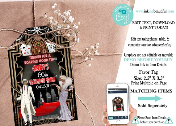 EDITABLE Harlem Nights Favor Tag | Thank You Tags | DIGITAL FILE |Gatsby Themed| Flapper | Roaring 20s | Casino| Harlem Nights Il_570xn