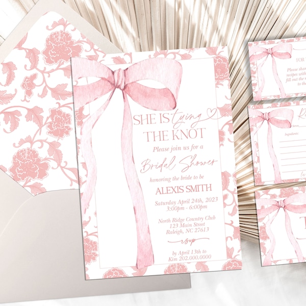 EDITABLE Pink Bow Bridal Shower Invitation Bundle, She's Tying the Knot Minimalist Bridal Shower Blush Pink Watercolor Ribbon Blush PB3