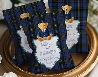 Plaid Teddy Bear Baby Shower Chip Bag Template Birthday Favors | TB16