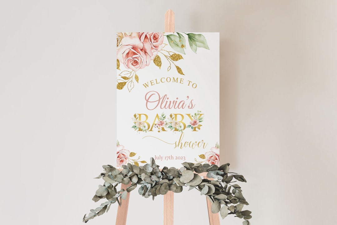 Editable Blush Pink Flower Baby Shower Sign Door Tag Etsy