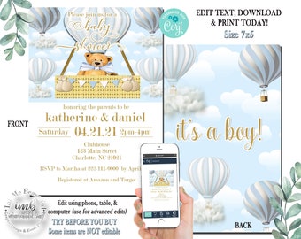 EDITABLE | Blue Hot Air Balloon Invite | Invitation | Up Up and Away Baby Shower |Teddy Bear | Hot Air Balloon| Birthday Party | HB-029