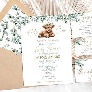 EDITIERBARE Boho Highland Kuh Einladung für Babyparty Heilige Kuh Invite Bundle, Kuh Babyparty Gender Neutral Greenery Farm Babyparty HK2