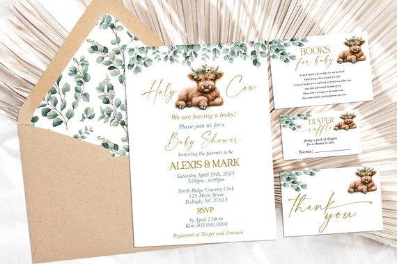 EDITABLE Boho Highland Cow Invitation for Baby Shower Holy Cow Invite Bundle, Cow Baby Shower Gender Neutral Greenery Farm Baby Shower HC2