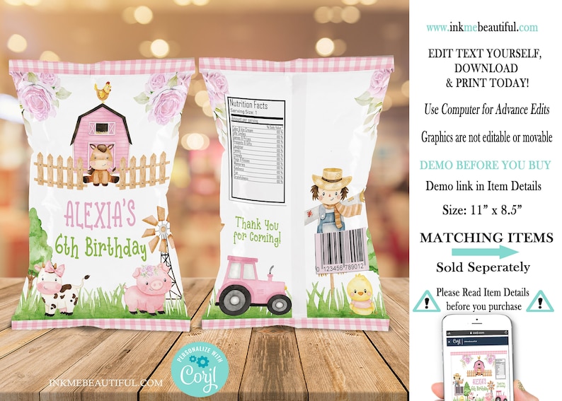 May include: Pink and white chip bag template with a farm theme. The bag features a pink barn, a cow, a pig, a scarecrow, a chick, and a tractor. The text on the bag says "Alexia's 6th Birthday".