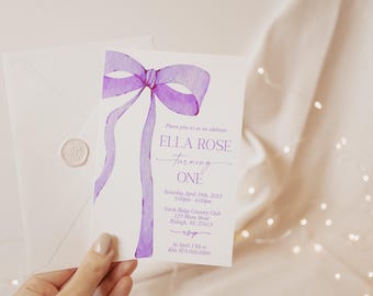 EDITABLE Purple Bow Invitation for Birthday, Minimalist 1st Birthday Purple Watercolor Ribbon Purple 1st Birthday Digital Template PB8