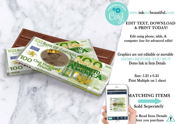 EDITABLE Prince Candy Bar Label |Royal Baby Shower| Corjl Digital Download| Safari Baby| Jungle Baby Shower| COA-01 COA-01 Il_570xn