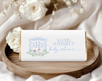 EDITABLE  Vintage Rocking Horse Candy Bar Wrapper for Baby Shower, Minimalist Baby Shower Blue Gingham 1st Birthday Digital Template RH4