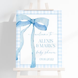 EDITABLE Blue Gingham Welcome Sign for Baby Shower, Baby Shower Blue Bow Watercolor Ribbon Dusty Blue 1st Birthday Digital Template BB2 image 1