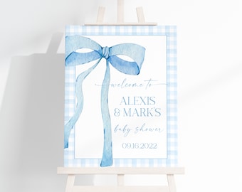 EDITABLE Blue Gingham Welcome Sign for Baby Shower, Baby Shower Blue Bow Watercolor Ribbon Dusty Blue 1st Birthday Digital Template BB2