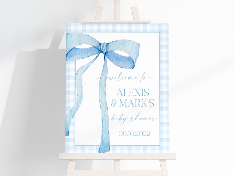 EDITABLE Blue Gingham Welcome Sign for Baby Shower, Baby Shower Blue Bow Watercolor Ribbon Dusty Blue 1st Birthday Digital Template BB2 image 1