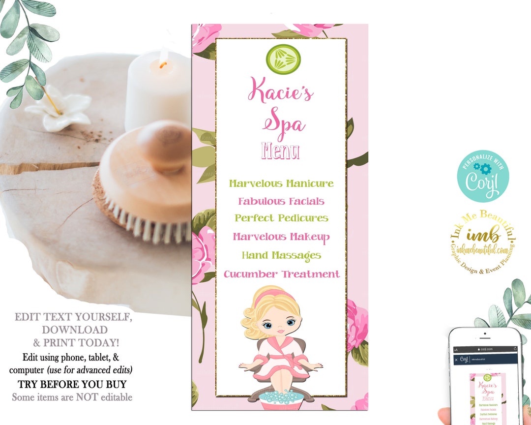 EDITABLE Spa Party Menu Menu of Services Spa Invitation spa Birthday